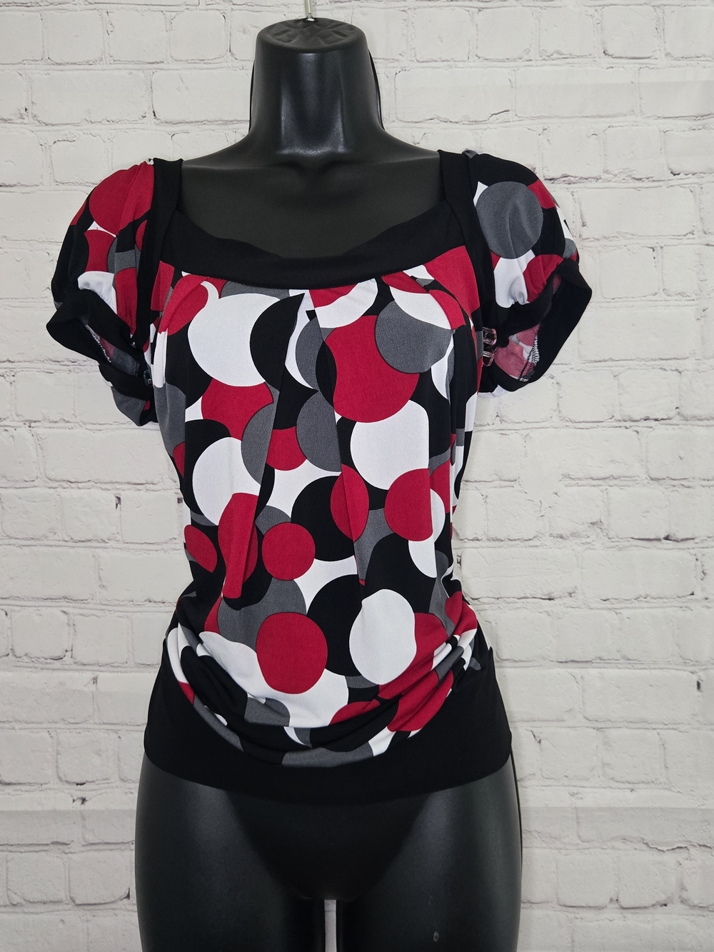 Vintage‎ Y2k Wrapper babydoll bubble hem blouse geometric graphic Print Top XL